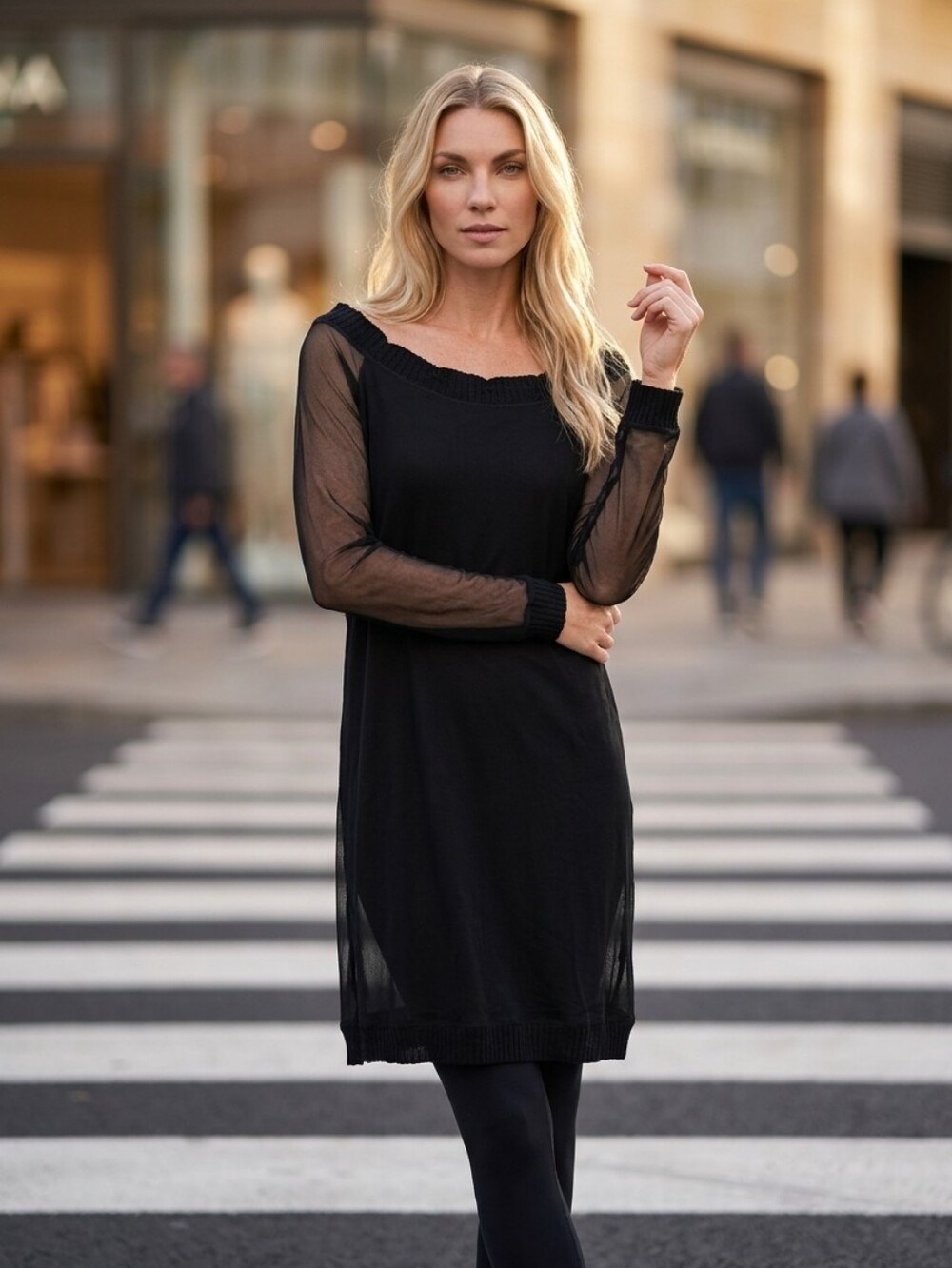 DECA Paris mesh-sleeve black shift dress Sz T2 (6-8)
